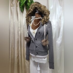 ♡ Y2K ♡ Abercrombie Fur Trimmed Hood & Pompoms Zip Up Button Down Jacket